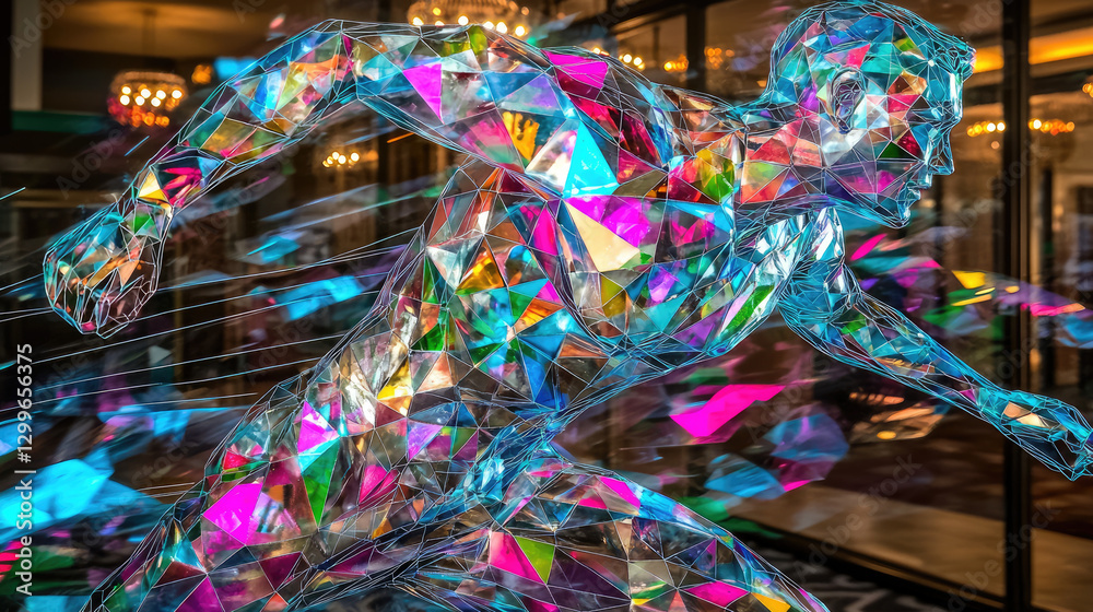 Fototapeta premium Colorful crystal statue of a running man in a modern interior with blurred background lights