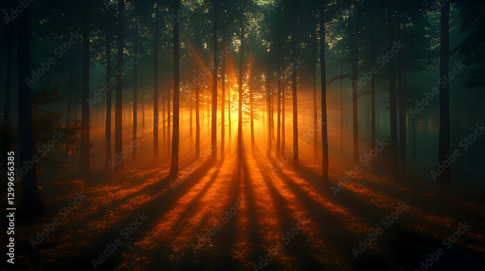 Fototapeta premium Golden Sunrise Through Misty Forest