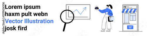 Magnifier tracking growth chart, woman holding shopping bag near storefront. Ideal for analytics, e-commerce, market research, investing, progress, decision-making, flat landing page banner