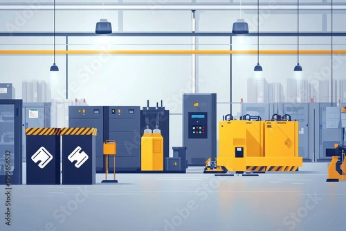 Industrial Warehouse Interior with Machinery and Storage Equipment photo
