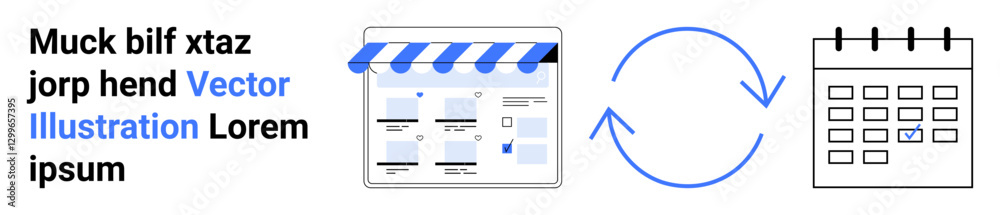 Online store with blue awning, refresh icon, and calendar. Ideal for e-commerce, website updates, scheduling, planning, reminders digital marketing and online booking. Landing page Online store with blue awning, refresh icon, and calendar. Ideal for e-commerce, website updates, scheduling, planning, reminders digital marketing and online booking. Landing page