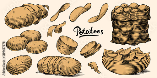 Potatoes and plant hand drawn. Collection of vegetables and chips in a dish and full sack of fresh food. Spud or pratie engraved pieces. Murphy in groups ready to eat