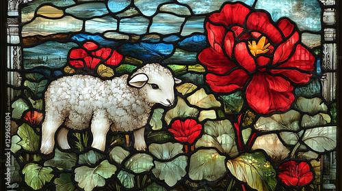 Lamb, flower, stained glass, landscape
