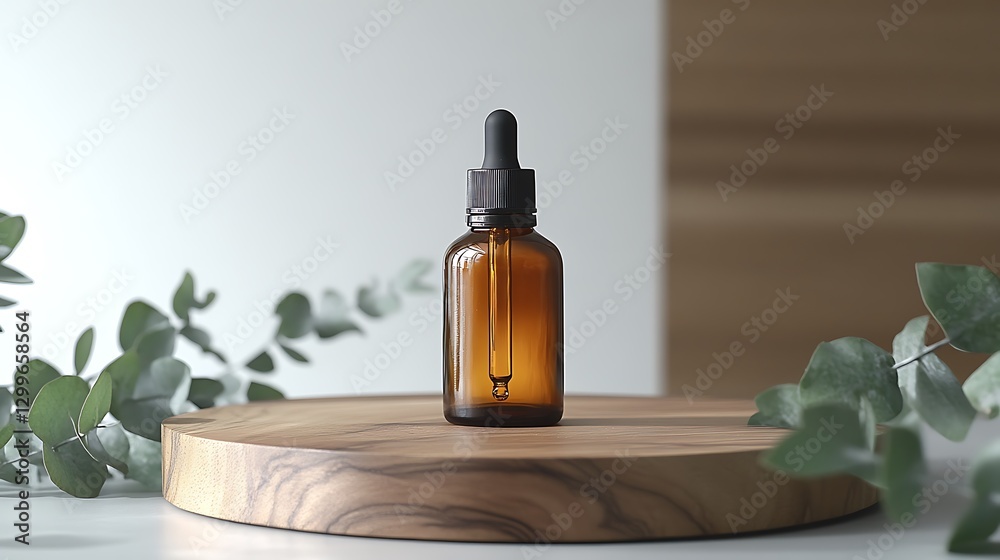A bottle of face oil with an amber glass cap and dropper top, sitting on wooden circular surface. The background is white, A bottle of face oil with an amber glass cap and dropper top, sitting on wooden circular surface. The background is white,