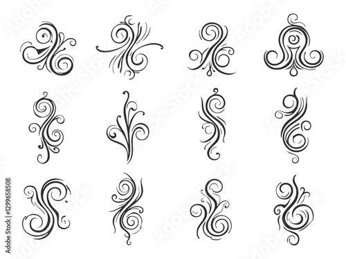 Elegant decorative swirl and spiral vector silhouettes for graphic design, invitations, logos, tattoos, and art projects  
