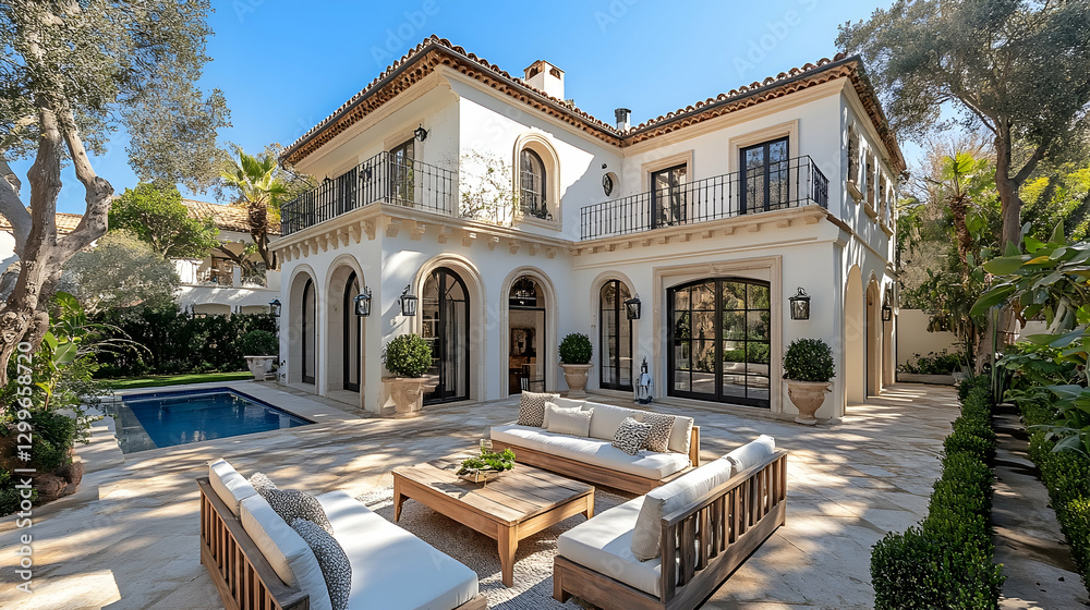 Fototapeta premium Mediterranean Estate Home Exterior with Pool and Patio