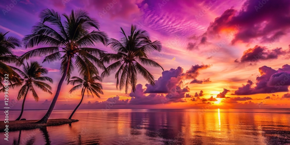 Naklejka premium Purple Tropical Sunset Sea Ocean Beach Dusk Sky Landscape