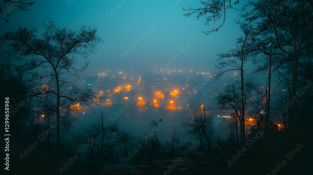 Fototapeta premium Misty Mountain View of City Lights at Dusk