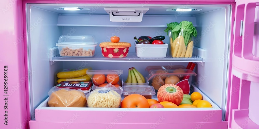Frozen food items in organized freezer drawer, vibrant pink color adds playful touch to storage, freezer, pink Frozen food items in organized freezer drawer, vibrant pink color adds playful touch to storage, freezer, pink