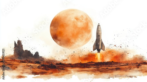 Mars Rocket Launch Watercolor Painting