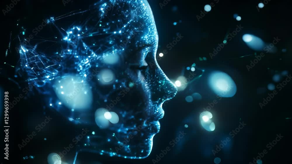 Artificial Intelligence Face with Digital Data Particles.

