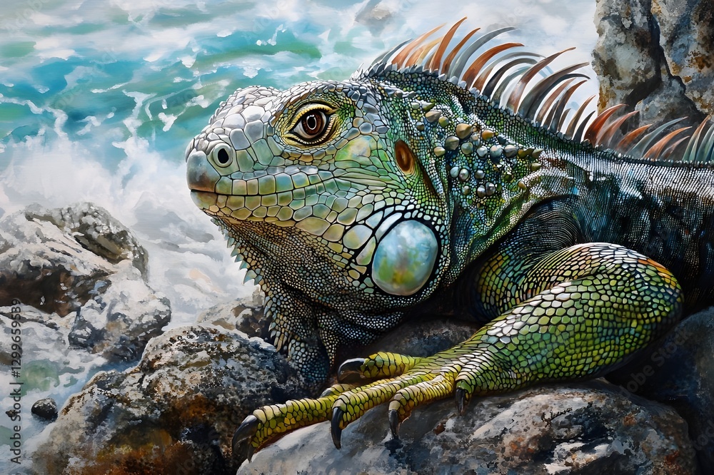 Fototapeta premium Illustration of an iguana revealing shiny green scales with stunning detail. Sharp eyes watching intently, long curved tail resting on a rock, leisurely enjoying every ray of sunlight