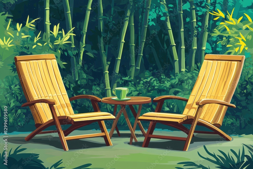 Cozy Outdoor Lounge Chairs Surrounded by Green Bamboo Forest Cozy Outdoor Lounge Chairs Surrounded by Green Bamboo Forest