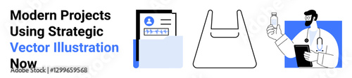Document folder with profile image, shopping bag line art, and healthcare professional examining medicine bottle. Ideal for business management, retail services, medical care, e-commerce, analysis