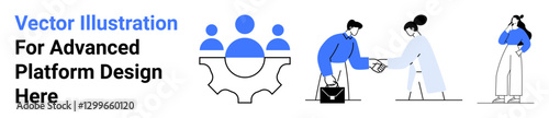 Blue gear and silhouettes symbolize collaboration, while two individuals exchange business terms. Another person analyzes data. Ideal for teamwork, networking, business design, innovation