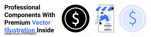 Dollar symbol in black circle, online store interface with a worker, thin bordered dollar icon. Ideal for business, e-commerce, sales, finance, branding, marketing flat landing page banner