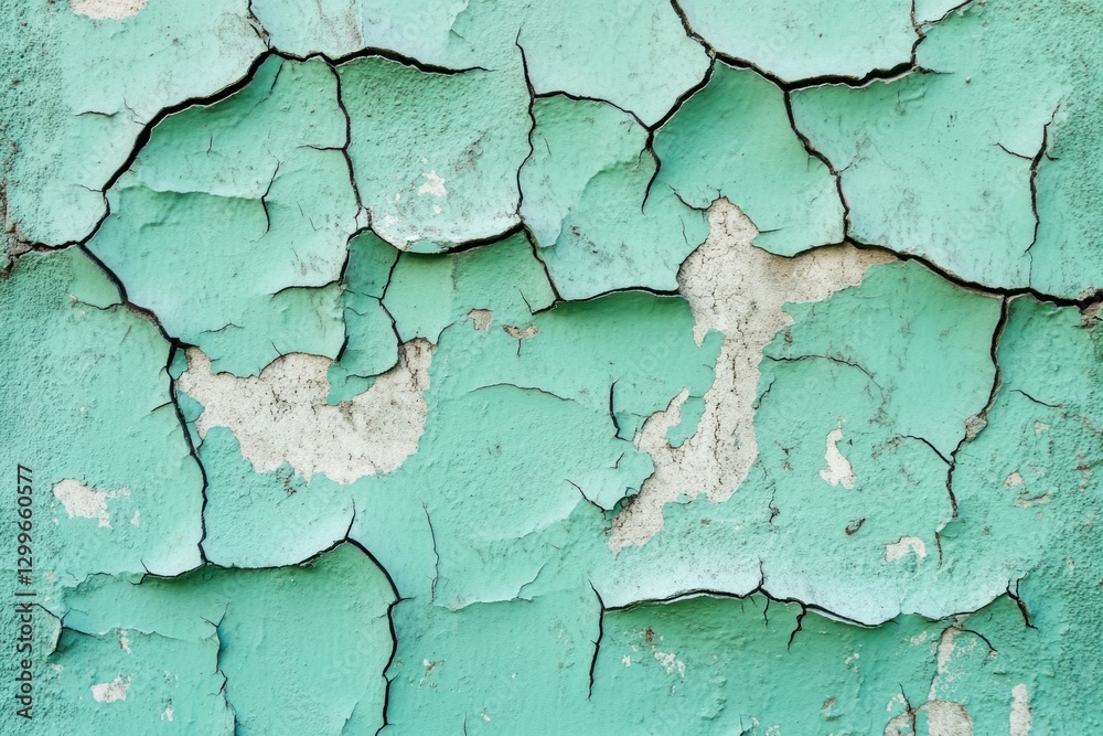 Obraz premium Cracked teal paint on weathered wall texture. (1)