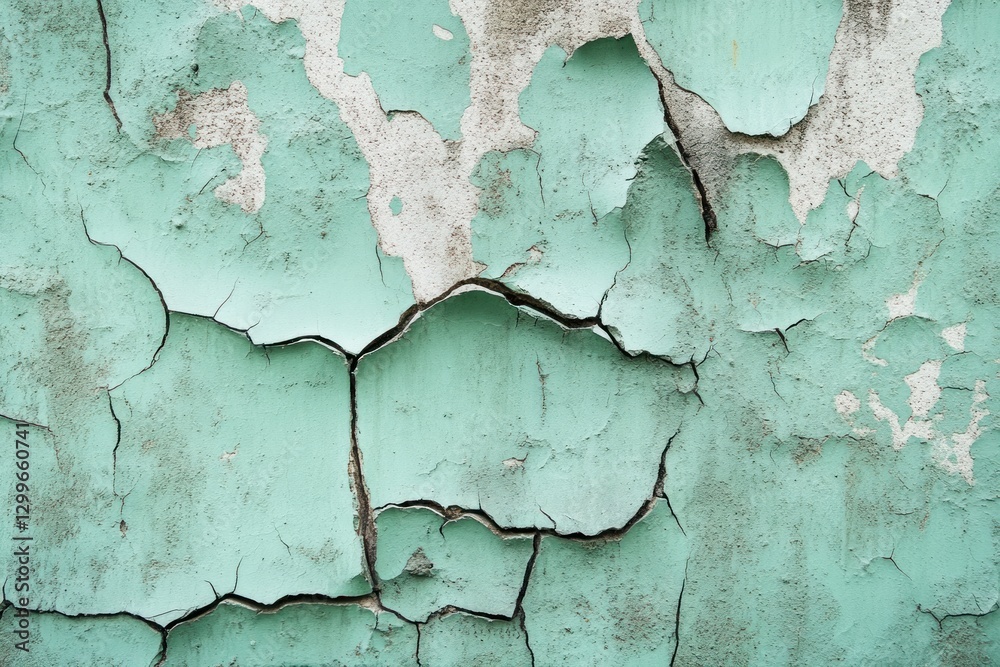 Obraz premium Cracked teal paint on weathered wall texture.