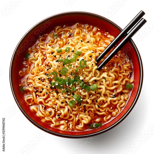 A bowl of ramen noodles with chopsticks, isolated on a white background. 