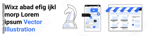 Chess knight piece, smartphone displaying app interface, and e-commerce storefront icon with text. Ideal for strategy, technology, business, online shopping, digital marketing, app development web