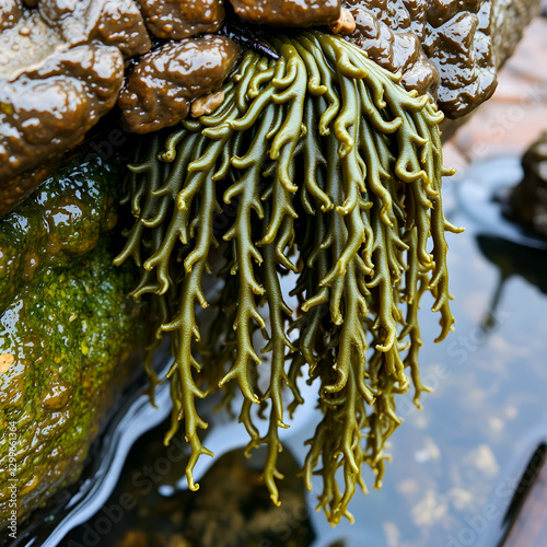 Fucus vesiculosus, bladder wrack or rockweed hanging from a wet rock