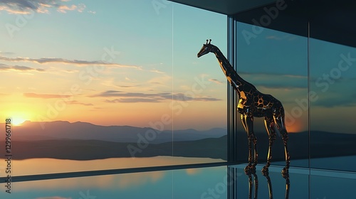 A metallic giraffe sculpture stands silently against a vibrant sunset view from a modern architectural glass setting, highlighting the serene beauty of nature and art