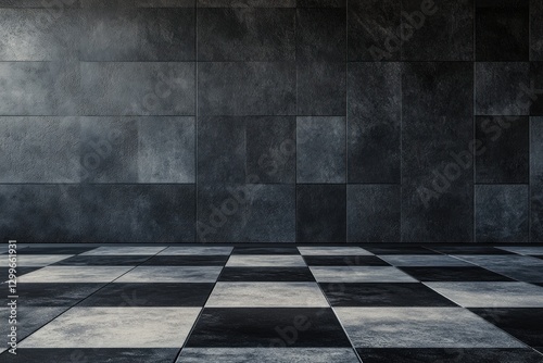 Dark gray stone wall with checkered floor.
