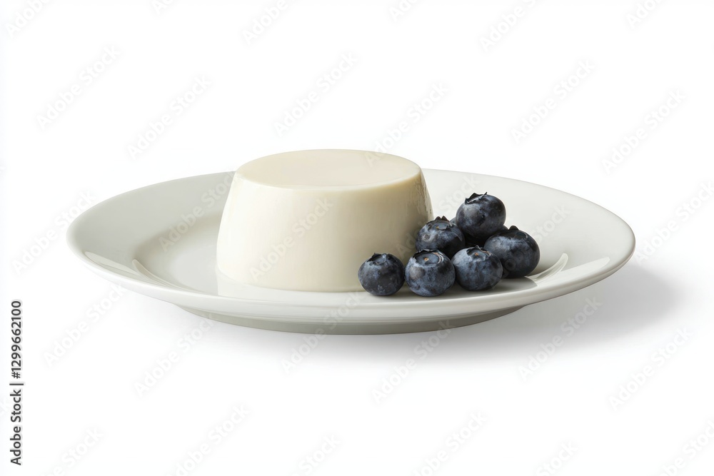 Delightful panna cotta dessert on a white plate with fresh blueberries simple elegant Italian treat Delightful panna cotta dessert on a white plate with fresh blueberries simple elegant Italian treat