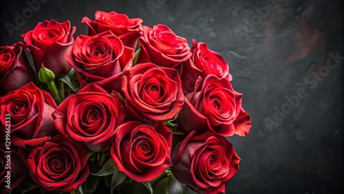 Red Rose Bouquet, Black Background, Top View, Copy Space - Beautiful Floral Arrangement