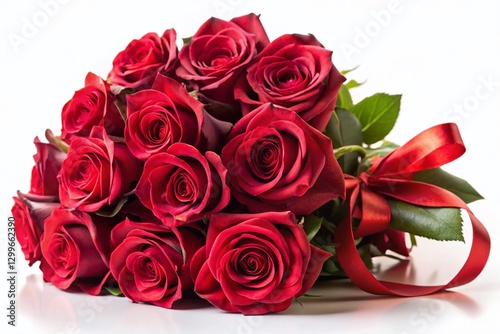 Red Rose Bouquet with Red Ribbon - Elegant Floral Arrangement on White