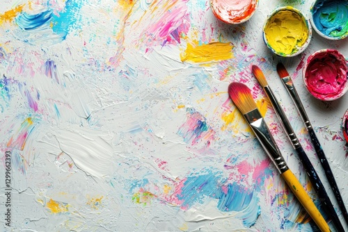 Artistic Paintbrushes and Colorful Acrylic Paints on a White Textured Background Surface for Creativity