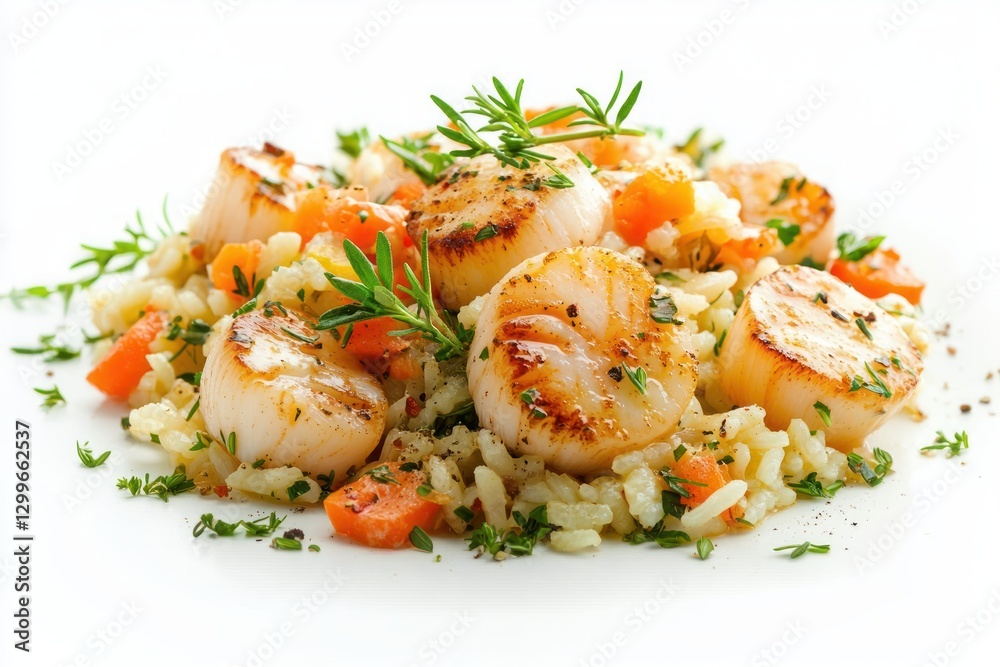 Pan Seared Scallops with Carrot Risotto and Rosemary Garnish on Bright White Background Delicious Meal Pan Seared Scallops with Carrot Risotto and Rosemary Garnish on Bright White Background Delicious Meal