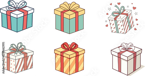 Set of Cartoon Gift Box Illustrations with Ribbons and Bows Vector Graphics.