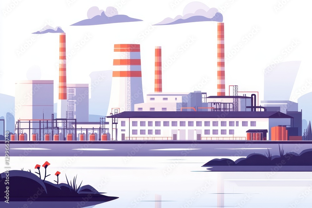 Obraz premium Industrial landscape with factories and smoke stacks beside water