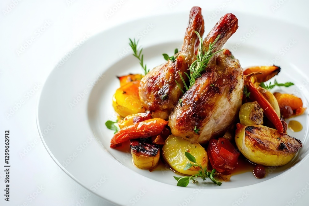Delicious grilled chicken legs and roast vegetable composition on white plate studio shot gourmet cuisine Delicious grilled chicken legs and roast vegetable composition on white plate studio shot gourmet cuisine