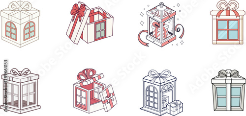 Set of Cartoon Gift Box Illustrations with Ribbons and Bows Vector Graphics.