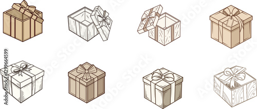 Set of Cartoon Gift Box Illustrations with Ribbons and Bows Vector Graphics.