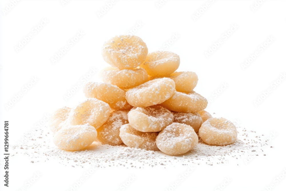 Fototapeta premium Heap of delicious italian gnocchi dumplings covered in flour on white background studio shot close up food