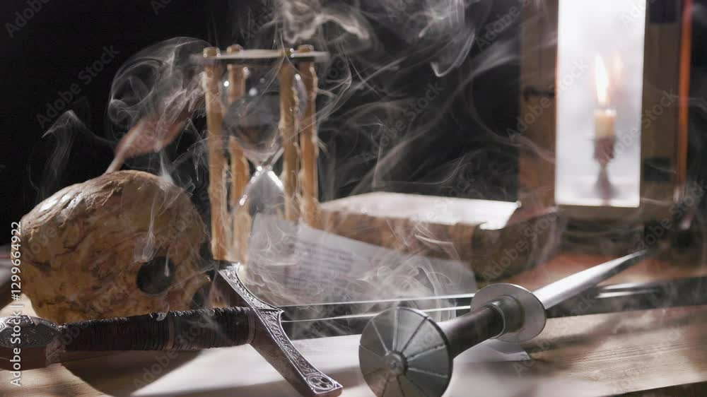 smoky medieval scene with sword