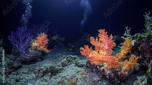 A deep-sea ROV shot capturing the eerie volcanic landscape of the Vulcano Seamount. Bubbling lava vents release sulfuric plumes into the dark abyss, while bioluminescent creatures drift past.  photo