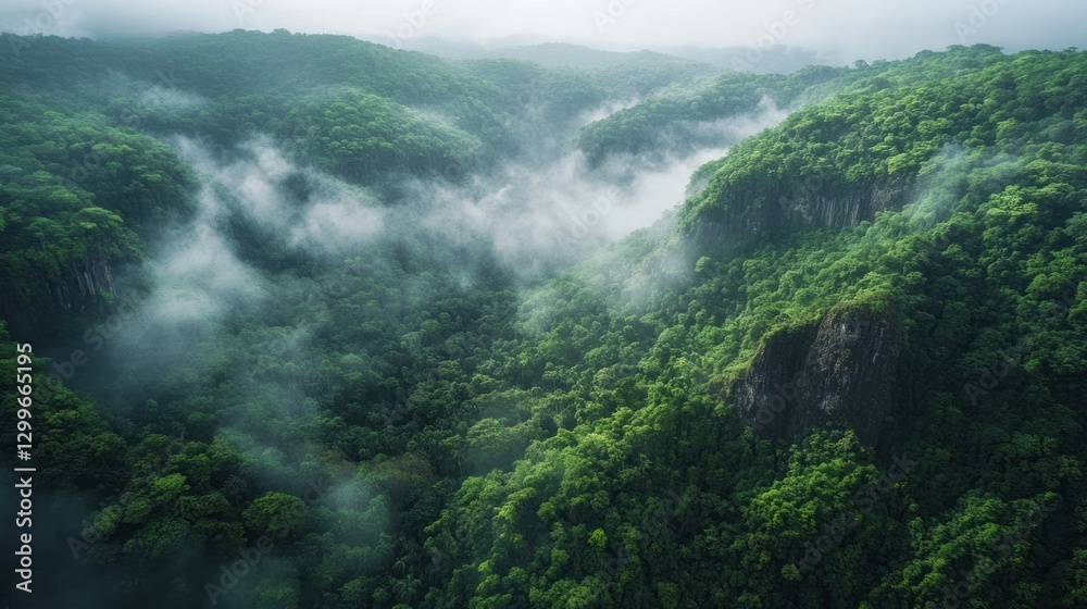 Obraz premium A cinematic aerial view over the remote Bosavi Crater, capturing the thick jungle canopy covering the ancient volcanic walls. Mist rolls through the lush vegetation, giving a lost-world atmosphere.