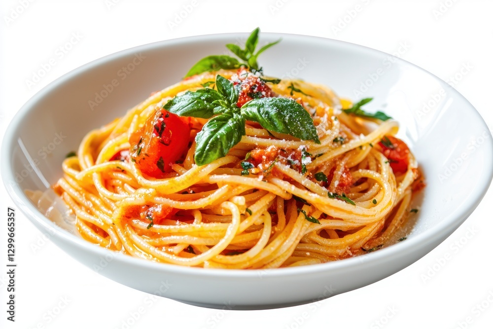 Appetizing Bowl of Spaghetti with Fresh Tomato Basil Sauce and Parmesan Cheese Close Up Table Top View Appetizing Bowl of Spaghetti with Fresh Tomato Basil Sauce and Parmesan Cheese Close Up Table Top View
