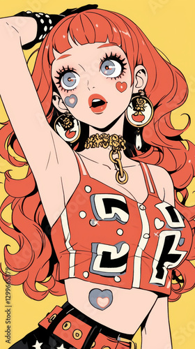 Vintage Manga Style Blonde Woman with Starry Hairstyle and Golden Bracelets on Purple Background, Kawaii Anime Idol Concept