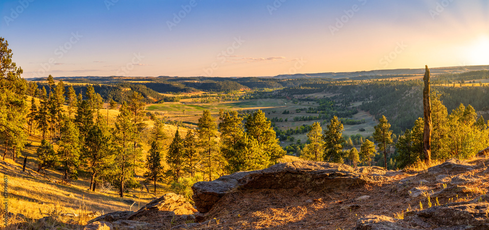 Belle Fourche river valley panorama at sunset, as viewed from Devil's Tower National Park in Wyoming.