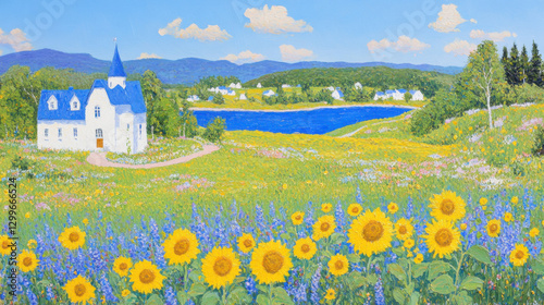 Sunflower Field Embracing Blue Castle, Serene Daylight, Artistic Impressionist Style Oil Painting