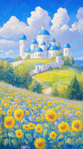 Sunflower Field Embracing Blue Castle, Serene Daylight, Artistic Impressionist Style Oil Painting