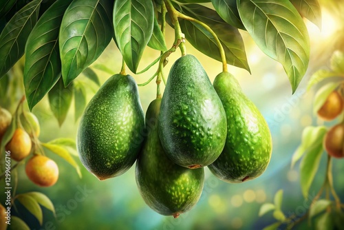 Ripe Avocados Hanging on Branch in Lush Orchard - Stock Photo
