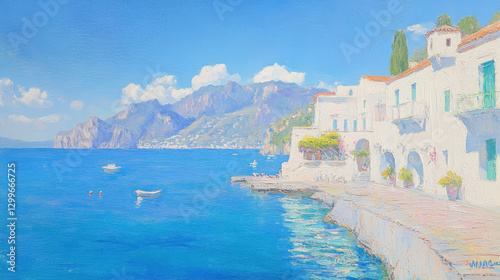 Impressionist-style oil painting of the scenic Amalfi Coast, capturing the essence of the Mediterranean through delicate brushstrokes on wooden canvas.