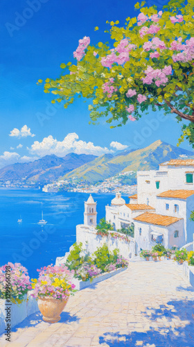 Impressionist-style oil painting of the scenic Amalfi Coast, capturing the essence of the Mediterranean through delicate brushstrokes on wooden canvas.