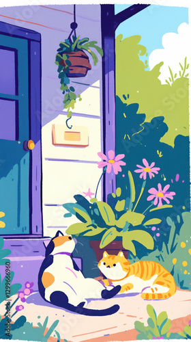 Vibrant illustration of three kittens playing and frolicking. Colorful and playful child-oriented artwork.